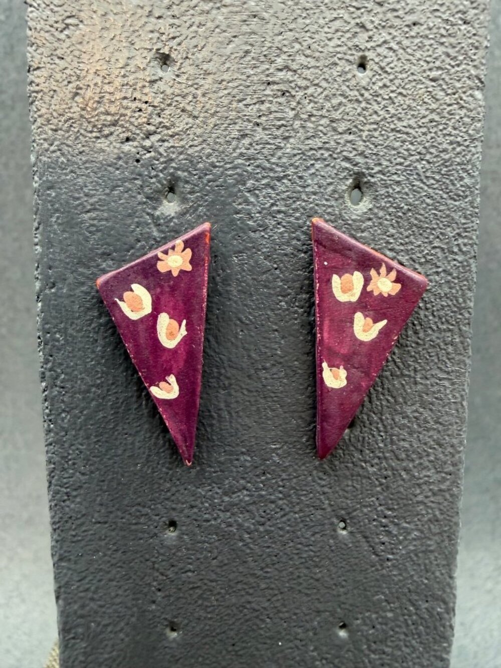 Handpainted Triangular Pierced Earrings Purple Cream Floral Retro Boho Vintage
